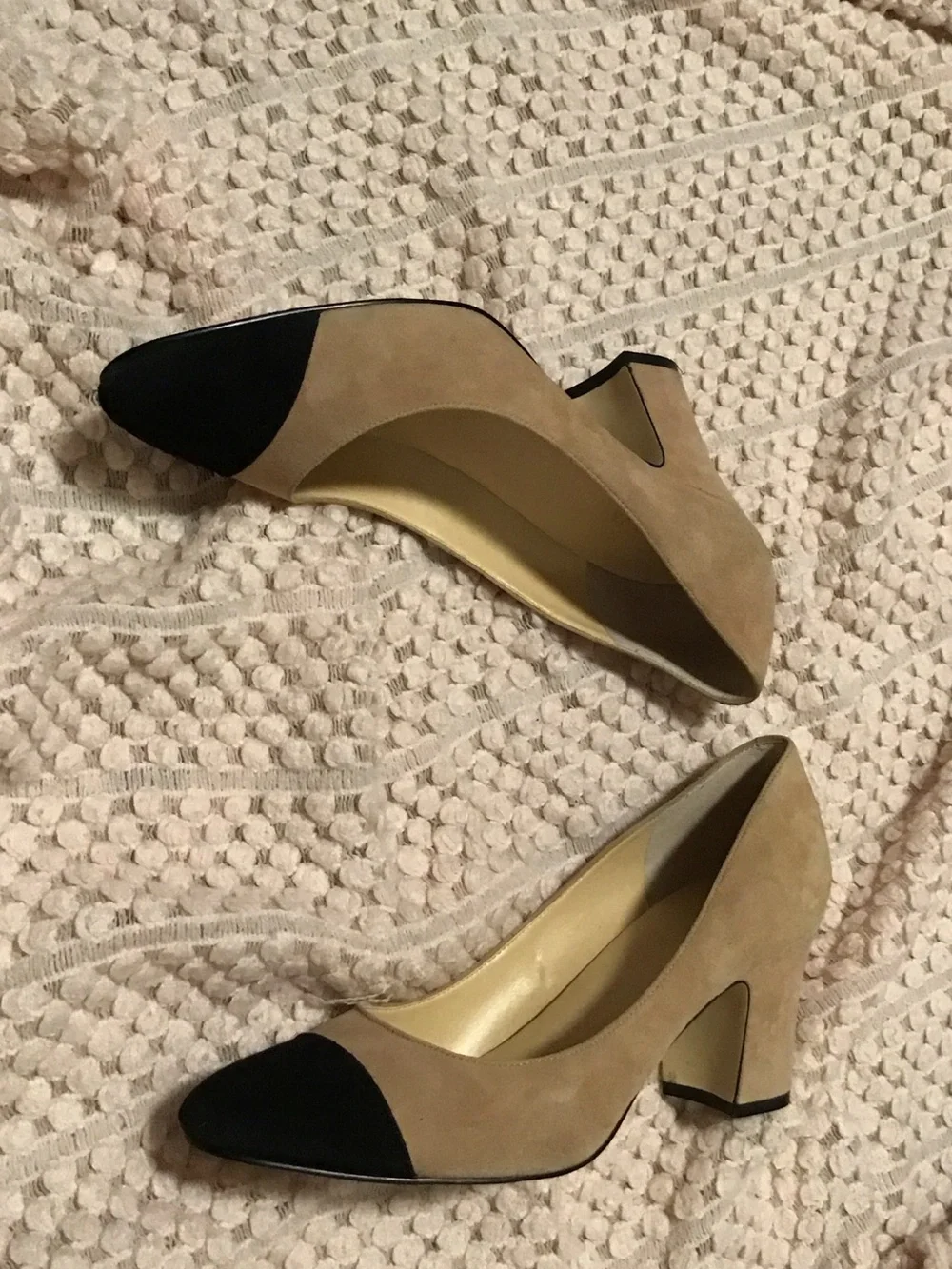 Ivanka Trump Two-Tone Suede Block Heel Pumps - Beige and Black